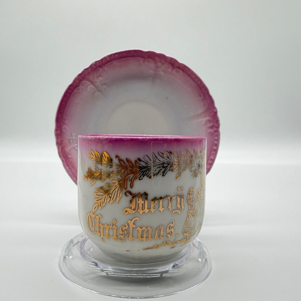 Antique Leuchtenburg Germany Merry Christmas Cup Saucer Pink Gold Gilt Porcelain